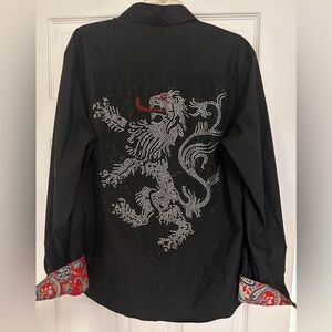 Y2K House of Lords Shirt Mens XL‎ Black Studded Gothic Dragon, Red Paisley Cuffs